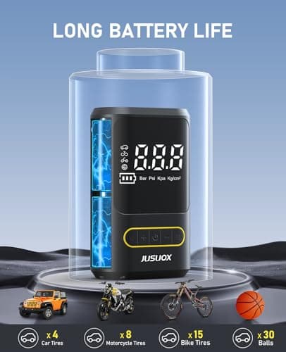 JUSUOX Tire Inflator Portable Air Compressor, Electric Bike Pump with Digital Pressure Gauge, 150 PSI Cordless Air Pump for Car Tires, Motorcycle, Bicycle, Ball with Auto Shutoff, LED Light - Thumbnail 5