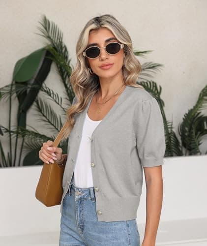 COSSEN Cardigan for Women Trendy Dressy Light Grey Medium V Neck Bolero Crop Coat Crochet Button Down Short Sleeve Short Tops Open Front Lightweight Jacket Summer Knit Cropped Shrug for Dress - Thumbnail 4
