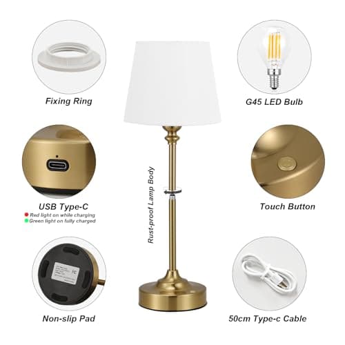 Cordless Table Lamp Rechargeable Gold - 1 Pack Brass 4000mAH Battery Operated Lamp for Decor, 3000K Stepless Dimming Touch Control Wireless Lamp for Bedroom, Dining Table, Counter, Living Room - Thumbnail 5
