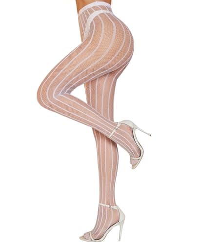 RSLOVE Women Sexy Fishnet Tights - High Waist Fishnet Striped Pantyhose Mesh Stockings Lingerie for Women White - Image 1