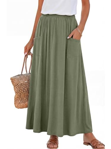 ANRABESS Womens Maxi Skirt Summer Casual Flowy A-line Elastic Waist Beach Long Skirts with Pockets Spring Vacation Clothes Olive Green Small - Image 1