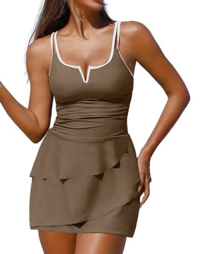 ZAFUL One Piece Swimsuit Women Swim Dress Tummy Control One Piece Bathing Suits 2026 V Neck Swim Dress Brown S - Image 1