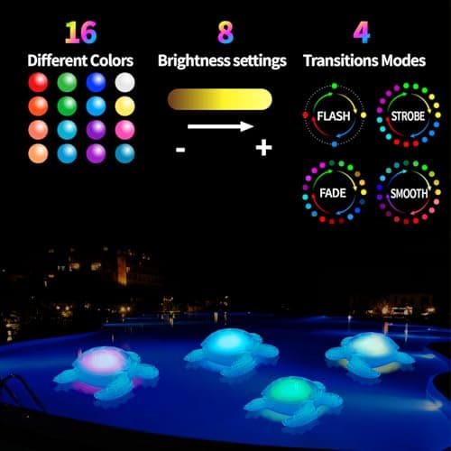 26.5inch Solar Pool Floats Lights,IP68 Waterproof Solar Powered Floating Pool Lights,16RGB Colors Turtle Inflatable Light Up Pool Float for Above Ground Pools,Outdoor Swimming Pool Decorations(1Pc) - Thumbnail 3