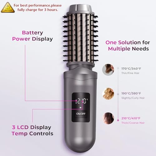 Cordless Hair Straightener Brush, Mini Hair Curling Iron Brush with 3 Temprature Controls, Anti-Scald Rechargeable Hair Curler with LCD Display, Anti-Frizz, Fast Heating for Styling & Travel - Thumbnail 2