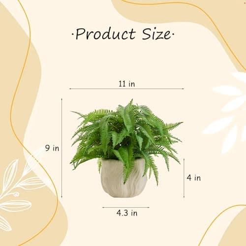 Arbolanta 9'' Faux Boston Fern Potted — Small Artificial Plant in White Boho Embossed Planter for Tabletop, Home, Office, Bathroom, Indoor & Sheltered Outdoor Decor - Thumbnail 3