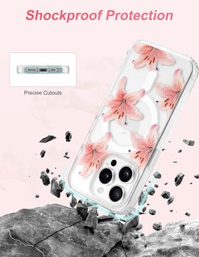 Aitipy Lily Phone Case for iPhone 14 Pro Max, Compatible with MagSafe, Cute Clear TPU Slim Shockproof Protective Phone Cover for Women Girls, Pink Lily - Thumbnail 3