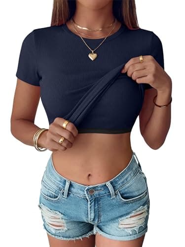 ANRABESS Womens Short Sleeve Tops Built in Bra Slim Fitted Ribbed Knit Crewneck Shirts 2026 Casual Summer Basic Tee Clothes Navy Blue XL - Image 1
