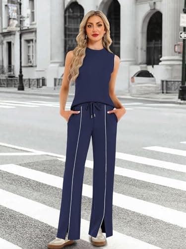 Casly Lamiit 2 Piece Sets for Women Summer Lounge Sets Sleeveless Tops Travel Cruise Outfits Resort Wear Navy Blue XS - Thumbnail 5
