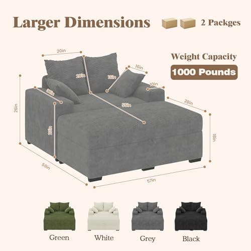 smilesun Luxe Chaise Lounge Chair Indoor with Ottoman, Comfy Faux Fur Plush Oversized Lounge Sofa with 2 Pillows, 64" Modern Upholstered Sleeper Couch Bed for Bedroom (Grey, 57 in) - Thumbnail 2