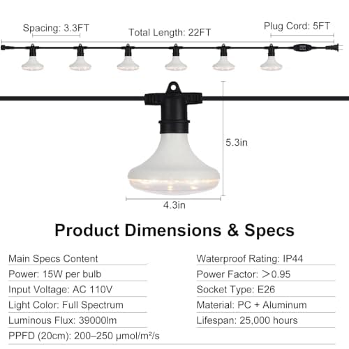DingChen Outdoor Grow Lights Waterproof, Full Spectrum String Grow Light with 22FT Light String Cord for Seedling, Veg, Flower in Greenhouse, Garden, Backyard, Farm (6 Lights, with Smart Plug) - Thumbnail 4