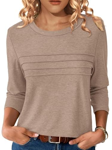 NORACORA Womens 3/4 Sleeve Tops and Blouses Dressy Casual Business Crew Neck Tunic Shirts Trendy Outfits Casual Basic Shirts Tunic Light Khaki XXL - Image 1