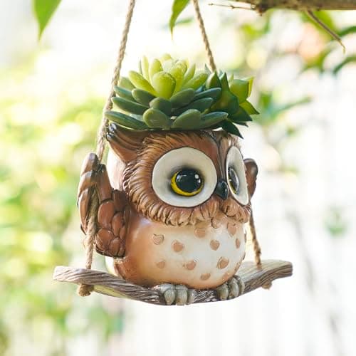 Swing Owl Hanging Planters for Indoor Plants, Cute Small Succulent Pots with Drainage Hole, Unique Resin Plant Hangers Outdoor, Hanging Plant Holder for String Of Pearls, Gift Ideas for Mother - Thumbnail 2