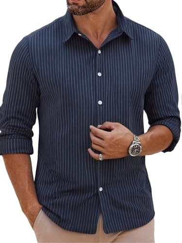 BAYAMO Men's Button-Down Striped Shirts Casual Long Sleeve Cotton Linen Collared Shirts Fashion Business Dress Shirt Navy XL - Image 1