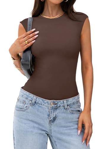 PINKMSTYLE Womens Summer Sleeveless Bodysuit Double Lined Crew Neck Stretchy Basic T Shirt Bodysuit Tank Tops Dark Brown Small - Thumbnail 4