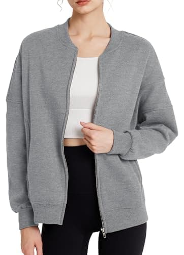 GEMLON Womens Full Zip Up Sweatshirts No Hood Long Sleeve Casual Loose Fall Fashion Jackets with Pockets Light Grey 2X-Large - Thumbnail 4