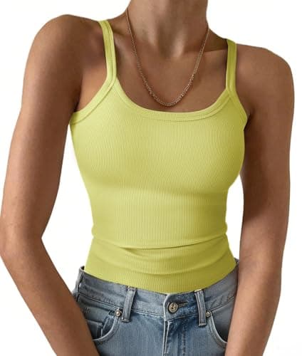 GKBK Women Spaghetti Strap Scoop Neck Ribbed Tank Tops Slim Fitted Camisole Sleeveless Basic Cami Shirts Summer Blouse Light Yellow M - Image 1