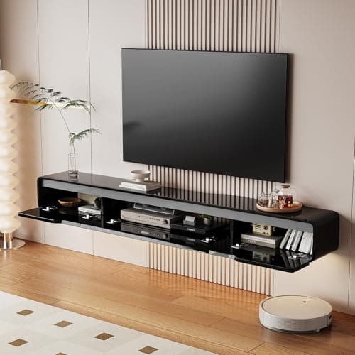 FurniNova High Gloss Floating TV Stand with 3 Doors,55'' Wall Mounted TV Cabinet,Under TV Console,Floating Media Shelft for Bedroom Living Room(Black) - Thumbnail 3