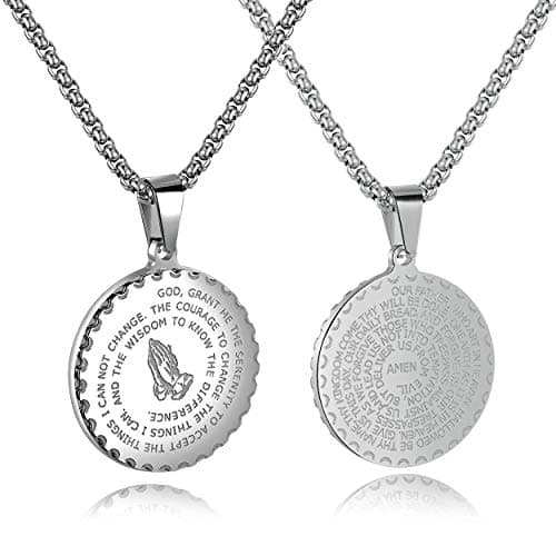 Rehoboth Stainless Steel Pendant Necklace for Women Men Our Father Lord's Praying Hands Coin Medal Pendant 24 Inch Chain Silver - Image 1