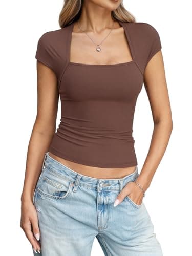 Eachyes Womens Square Neck Short Sleeve Shirts Cap Sleeve Low Cut Tops Sexy Slim Fit Basic Tee Y2k Going Out Cute Summer Crop Outfits 2026 Brown Small - Thumbnail 2
