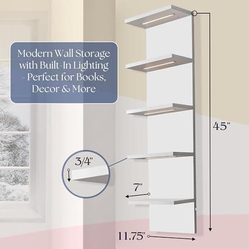 Sorbus LED Light Display Shelf - Vertical 5 Tier Wall Shelf Unit with 2 Hooks, Column Utility Shelving for Home Decor, Wall-Mounted Floating Shelves for Bathroom, Bedroom, Vanity, Figurine Display - Thumbnail 2