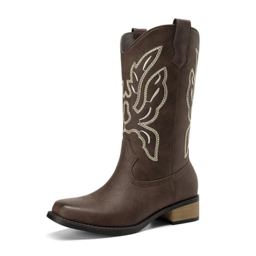 Athlefit Cowboy Cowgirl Boots for Women Mid Calf Square Toe Comfortable Slip On Chunky Low Heel Embroidery Mid Calf Boots Dark Brown Size 7,SAMB2605W