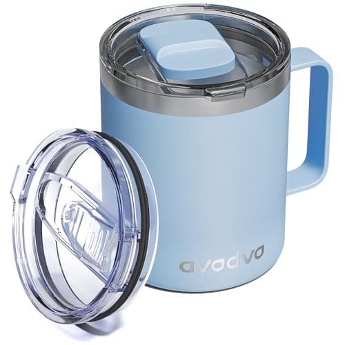 avodvo 12oz Insulated Coffee Mug with Lid – Includes Two Lids, Stainless Steel Coffee Travel Mug with Handle, Double Wall Vacuum Insulated Camping Mug for Home, Office & Outdoor, Light Blue
