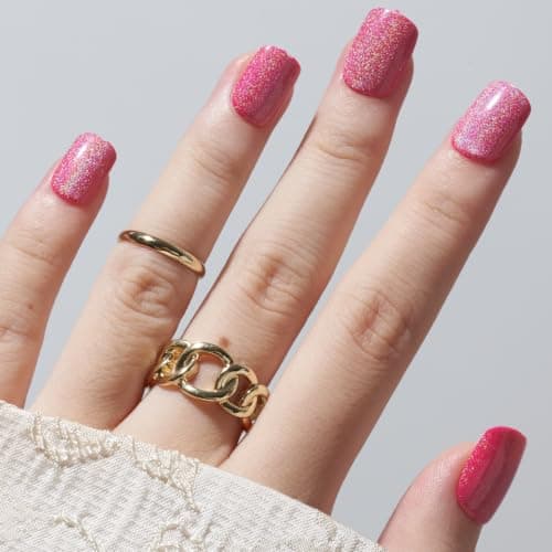 GLAMERMAID Laser Hot Pink Short Press on Nails, Aurora Cat Eyes Handmade Extra Short Squoval Glue on Nails for Women, Summer Square Soft Gel Fake Nails, Round Reusable Acrylic False Nail Kit for Women - Thumbnail 4