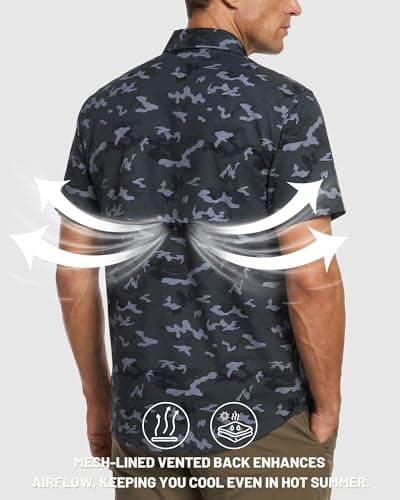 Cozople Men Sun Protection Fishing Shirts Black Camouflage Short Sleeve Button Down UPF 50+ Breathable Outdoor Hiking Shirt for Travel Safari Climbing M - Thumbnail 2