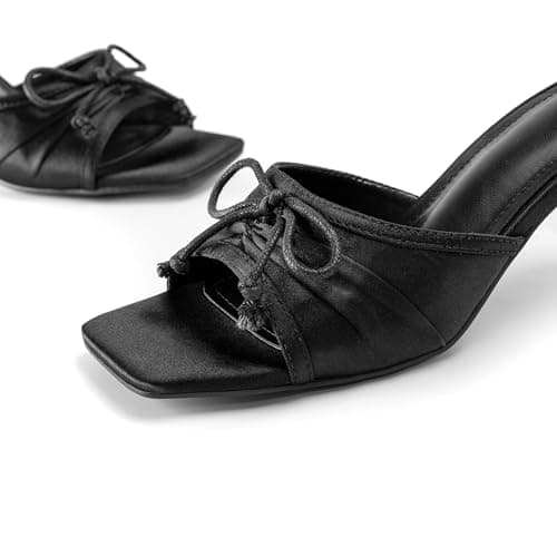 RUSAUISE Square Open Toe Stiletto Heels Mules Sandals Slip On Cord Bowtie Middle Heeled Wedding Party Dressy Shoes Black Satin Size 6 - Thumbnail 3