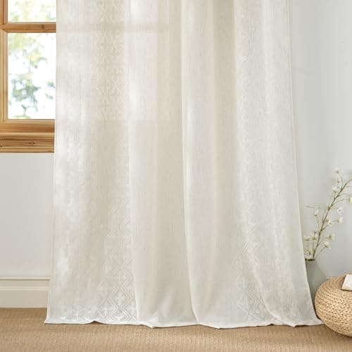 NICETOWN Cream Linen Curtains 96 inch Long, Farmhouse Ivory White Embroidered Drapes for Cottage, Light Filtering Bronze Grommet Top Chic Geometric Patterned Panels, W52 x L96, 1 Pair - Image 1