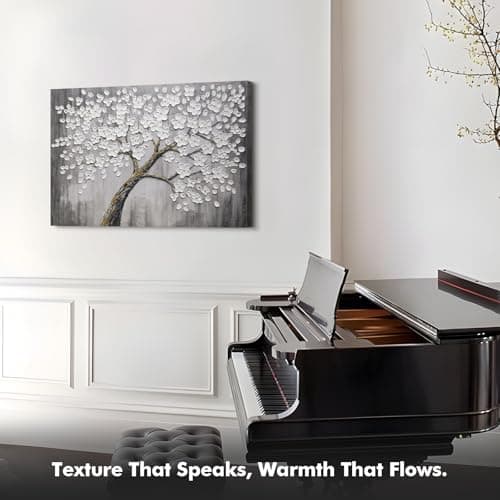 JUHOME Hand-Painted Black and White Thick Texture Flowers Abstract Oil Painting Wall Art,Floral Plum Blossom Tree with Raised Details,Modern Neutral Wall Decor for Home Bedroom,24x36 - Thumbnail 4