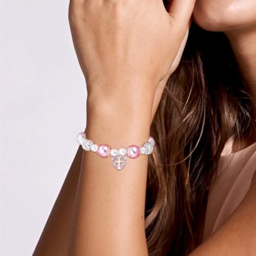 Esrial Graduation Gifts Cross Bracelet Adjustable Pink Pearl Heart Beaded Cross Bracelet Graduation Gifts for Daughter Granddaughter Niece - Thumbnail 3