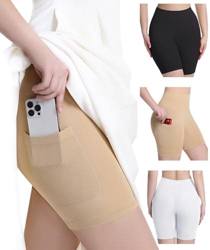 Okimay 3 Pack Slip Shorts for Under Dress with Pocket Smooth Anti Chafing Shorts Women Bike Shorts - Image 1