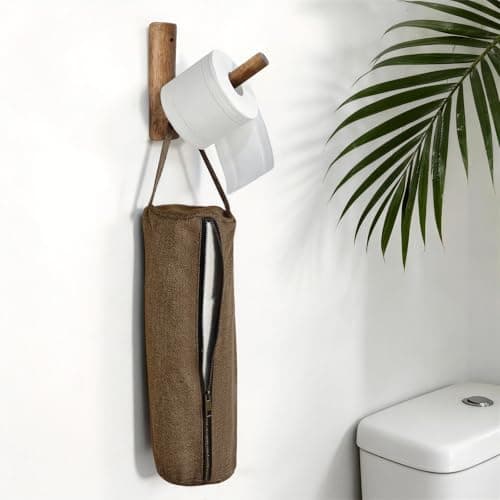 Wooden Toilet Paper Holder Stand with Foldable Storage Bag | No-Drill Wall Mount, Holds 3 Rolls & Saves Space, Natural Solid Wood for Modern Farmhouse Bathrooms