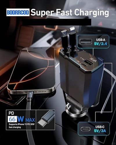 Retractable Car Charger, 4 in 1 Fast Car Charging USB c,Road Trip Essentials,Travel Essentials Gifts for Women Men, Car Accessories for iPhone 16 15 14 13 12, for Samsung, Black - Thumbnail 2