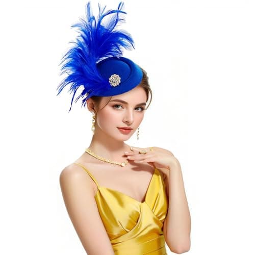 RiJinDuoJin Fascinators Hat Feathers Headband and Clip 20s 50s Pillbox Hats Cocktail Tea Party Headwear - Handmade Derby Hair Clip Feathers Fascinators for Girls and Women - Royal Blue - Image 1