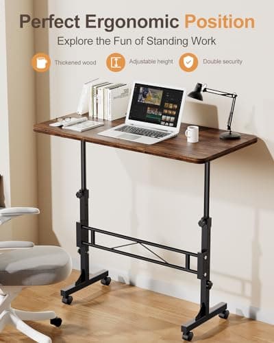 Amztabler Small Standing Desk Adjustable Height, Mobile Stand Up Desk with Wheels, 32 Inch Portable Rolling Desks Conference Room Tables for Walking Pad Treadmill Wood Rustic - Thumbnail 2
