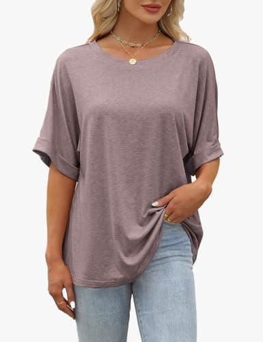 GKBK Womens Oversized T Shirts Crew Neck Short Sleeve Tops Spring Summer Business Dressy Casual Loose Fit Workout Work Blouse Tee Shirt 2026 Beach Trendy Plus Size Clothes Outfit Gray Purple XXL - Thumbnail 2