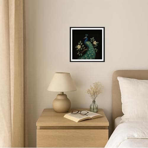 Peacock Wall Art, Botanical Bird Art Print, Dark Decor, 12x12in (30x30cm) - Thumbnail 4