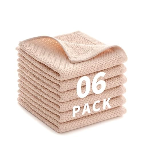 LikGuest Cotton Dish Towels 6 Pack,12x12 Inch – Super Absorbent, Quick-Dry & Reusable Kitchen Cleaning Cloths, Lint-Free Washable Towels for Dishes, Glass & Household Use(Beige)
