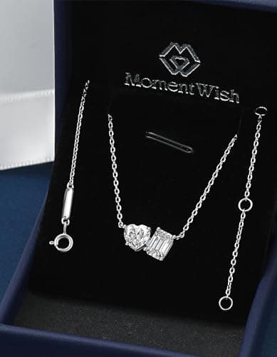 MomentWish Toi Et Moi Necklace, 2 Stone Necklace for Mom, Heart and Emerald Cut Moissanite Necklace for Women, 925 Sterling Silver Necklace Bithday Gift for Her(2Carat, VVS1), White - Thumbnail 5