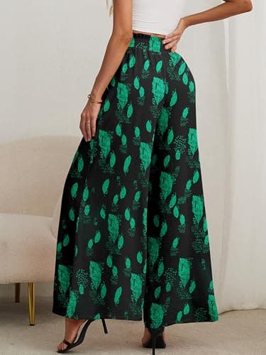 Heymoments Women's Wide Leg Dress Pants with Pockets Green Leaves Black Large Lightweight Elastic High Waisted Adjustable Tie Knot Flowy Casual Ladies Beach Pleated Trousers - Thumbnail 2