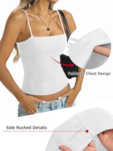 EasyGala Womens Cotton Foldover Tank Tops Sexy Square Neck Spaghetti Strap Cami Basic Summer Low Cut Camisole Fitted Y2K Trendy Going Out Shirts 2026 Ture White X-Large - Thumbnail 3