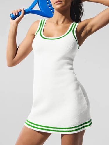 Dokuritu Athletic Dress for Women Sleeveless Striped Knitted Sweater Workout Dress Tank Mini Active Club Tennis Golf Dress White - Thumbnail 5