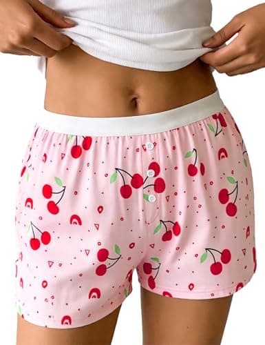 Frcdaunrs Lightweight Summer Pajama Shorts Women Elastic Waist Pj Shorts Cute Sleep Boxer Bottoms with Button Cherry Print - Thumbnail 2