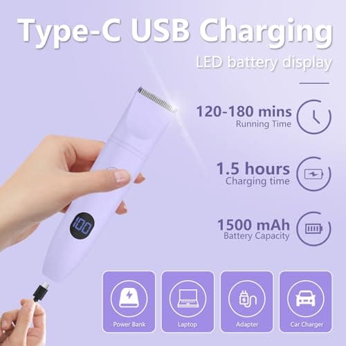 3-in-1 Bikini Trimmer for Women, IPX7 Waterproof Electric Shaver for Women-Rechargeable Electric Razors for Pubic, Facial & Body Hair Trimmer with LED Display, Travel Kit & Painless Blades (Purple) - Thumbnail 4