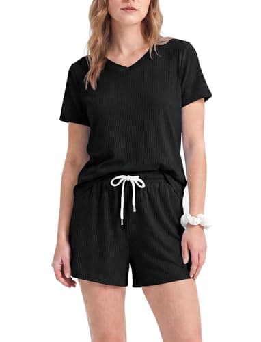 PATPAT Womens Pajama Set 2 Piece Ribbed Knit Soft Lounge Set with Pockets Short Sleeve Top and Shorts Summer Sleepwear Outfit Black, L - Image 1