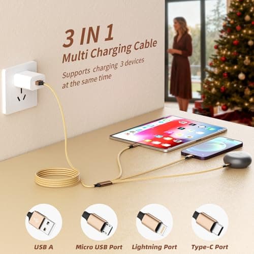 USB Multi Charging Cable for All Devices, Nylon 3 in 1 Multiple Charger Cable Charger with Multiple Connectors, USB A to USB C/Micro/IP USB Cable for iPhone 17-8 Pro Max/Android/iPad, 2Pack 4FT - Thumbnail 2