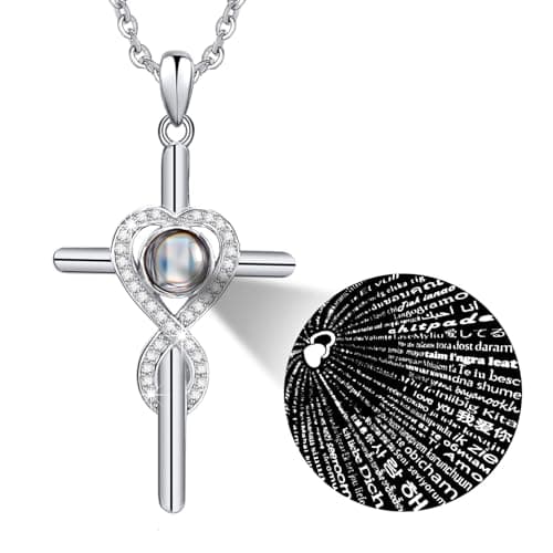 Juvux Projection Cross Necklace 925 Sterling Silver Pendant Necklace with I Love You 100 Languages, Love Heart Cross Necklace Jewelry Gifts for Men Women Mom Dad Friends Daughter - Image 1