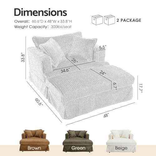 Indoor Chaise Lounge Chair with Storage Ottoman, 60-Inch Corduroy Lounge Sofa, Modern Cloud Couch Chair with Wide Armrests & 4 Pillows (Beige (No Storage)) - Thumbnail 2